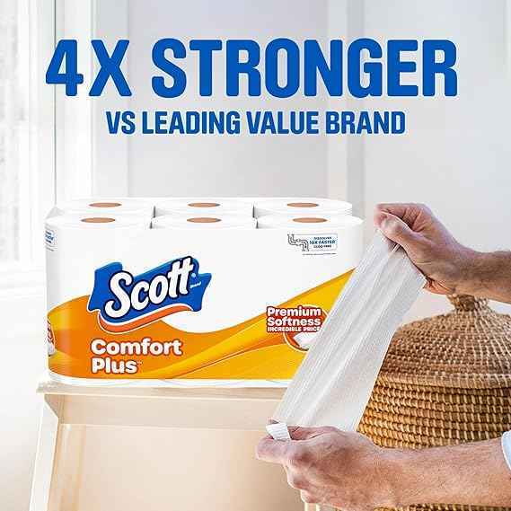 Scott ComfortPlus Toilet Paper - 12 Double Rolls, 231 Sheets per Roll, Septic-Safe, 1-Ply Bathroom Tissue