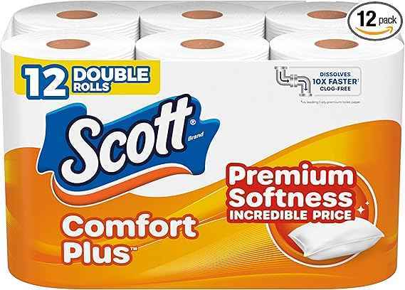 Scott ComfortPlus Toilet Paper - 12 Double Rolls, 231 Sheets per Roll, Septic-Safe, 1-Ply Bathroom Tissue